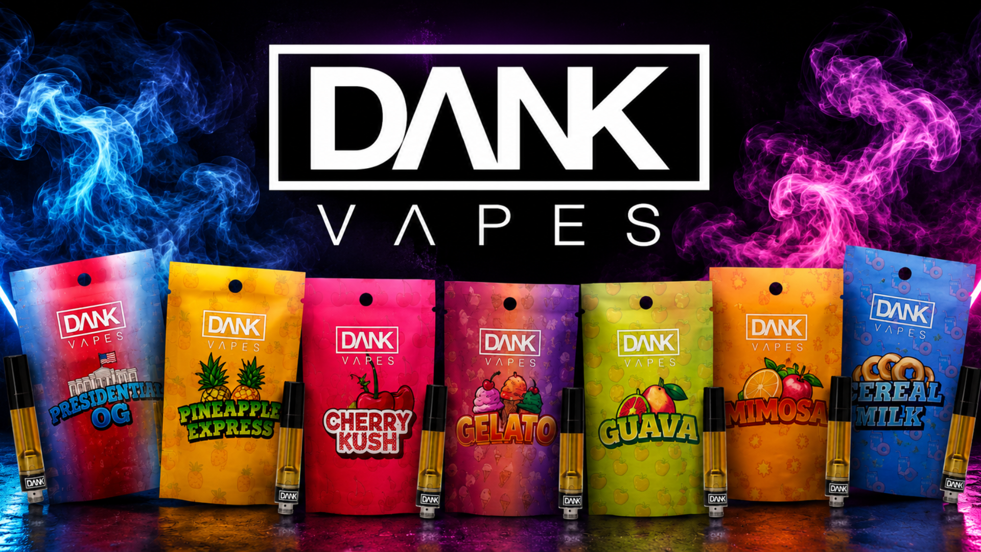 7 Dank Vape products lined up.. blue and purple smoke in background with dank vapes logo